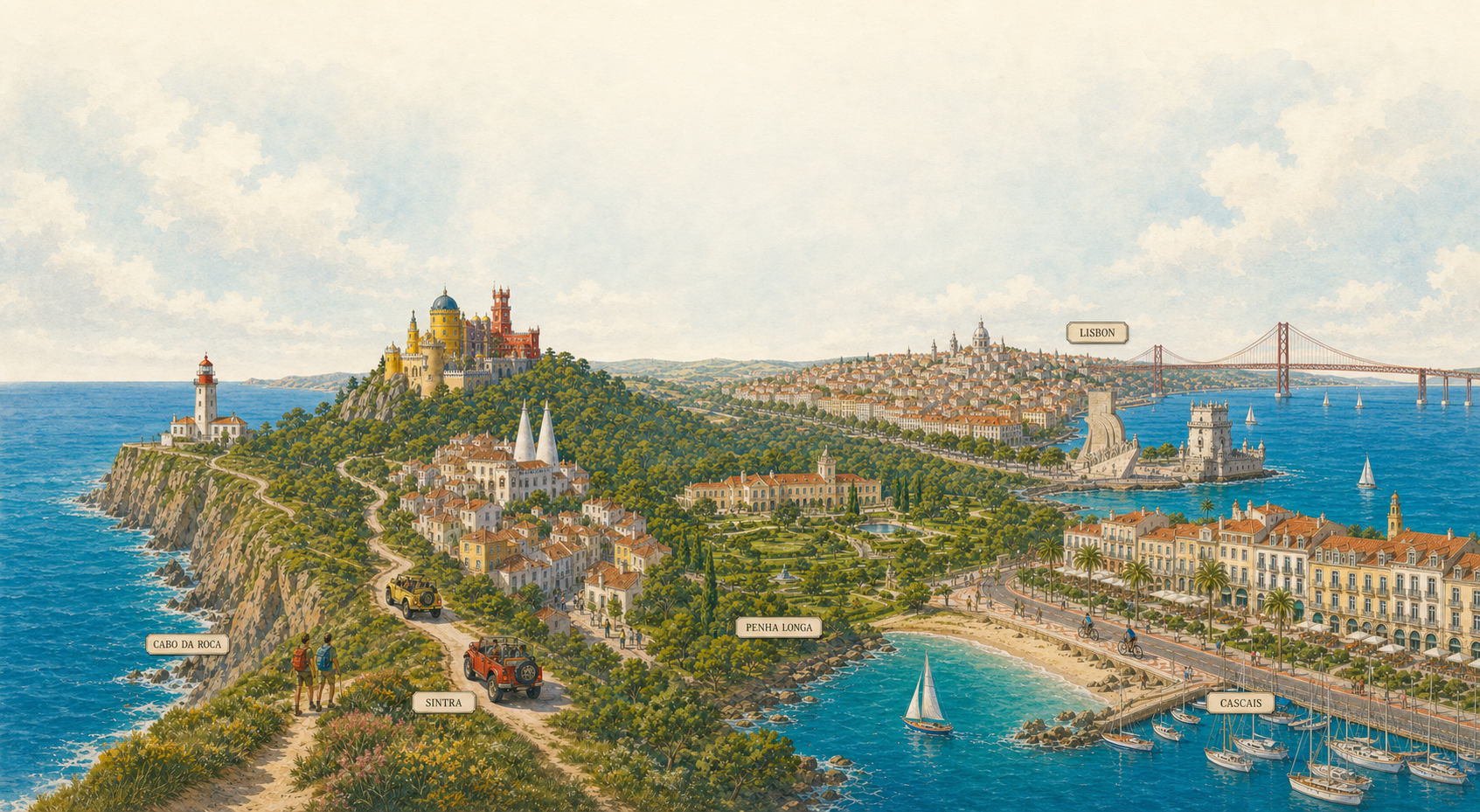 Illustrated map of Cabo da Roca, Sintra, Penha Longa, Cascais, and Lisbon
